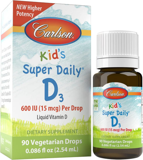 Carlson - Kid's Super Daily D3, Kids Vitamin D Drops, 600 IU (15 mcg) per Drop, Vegetarian, Liquid Vitamin D Drops for Kids, Unflavored, 90 Drops ...