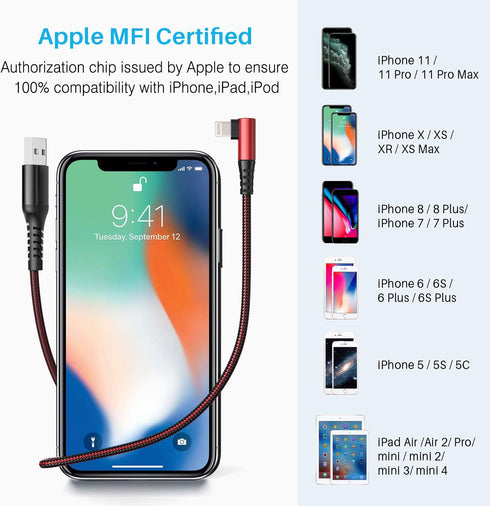 3Pack 90 Degree iPhone Charger 6ft, Apple iPhone Charging Cable Nylon Right Angle 6 Foot, Apple MFi Certified 6 Feet Lightning Cord Long for Apple...