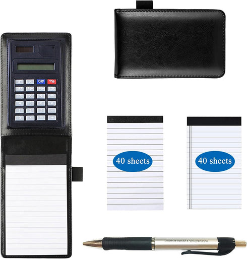 KXF Refillable A7 Pocket Journal Notebook with 2 Refill Pads & Calculator & Pen Small Shopping Note Pad Handy Memo Pad Book Ruled Reporters PU Lea...