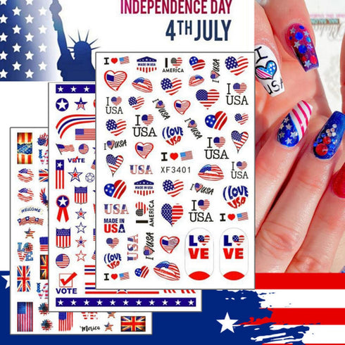 4th of July Nail Art Stickers American Independence Day Nail Design Lips Flag Hearts Flame Shape 3D Self-Adhesive Nail Art Supplies Patriotic Stic...