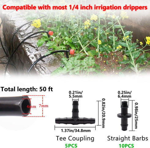 50FT 1/4" Blank Distribution Tubing Drip Irrigation Tubing Drip Irrigation Hose, Garden Watering Tube Line with 15PCS Drip Irrigation Barbed Conne...