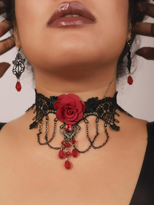 Sacina Set Red Flower Choker Earrings, Black Velvet Victorian Choker Necklace, Gothic Choker, Vintage Necklace, Costume Jewelry, Christmas Jewlery...