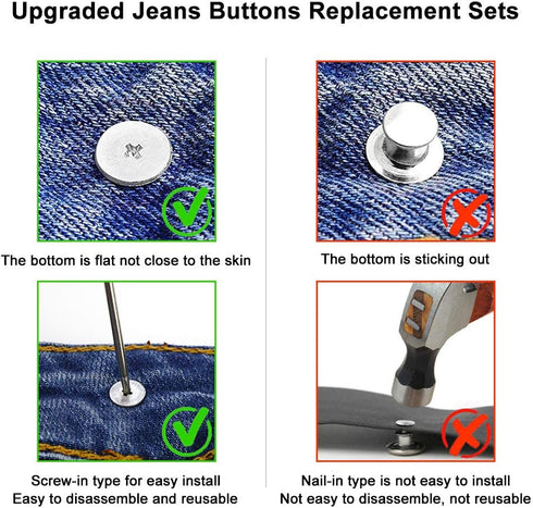 5 Styles Replacement Jeans Buttons, 15 Sets 17mm No-Sew Nailess Removable Metal Jeans Button Replacement Repair Combo Thread Rivets and Screwdrive...