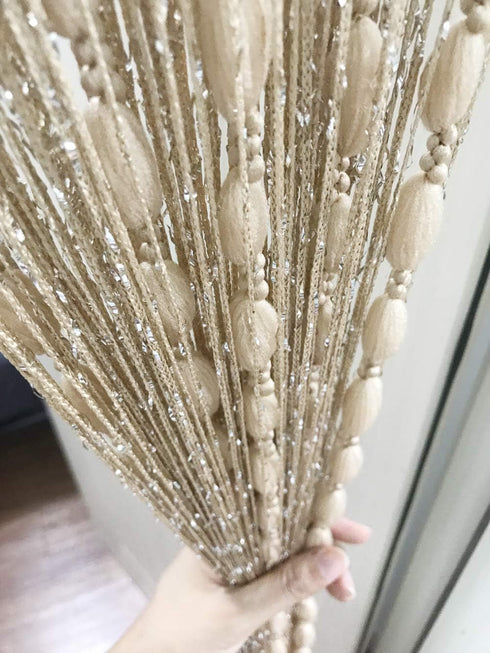 Door String Curtain Flat Silver Ribbon Thread with Shaggy Tassel Room Divider, 39’’x79’’, (Gold-style2)...
