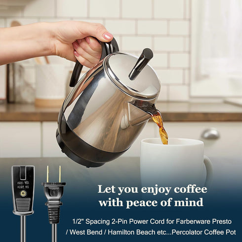 6ft Long 1/2 Inch Pin Spacing Power Cable Cord for Farberware & Presto Super Speed Coffee Pot Percolator 1/2 Inch - Also for Many Small Electronic...