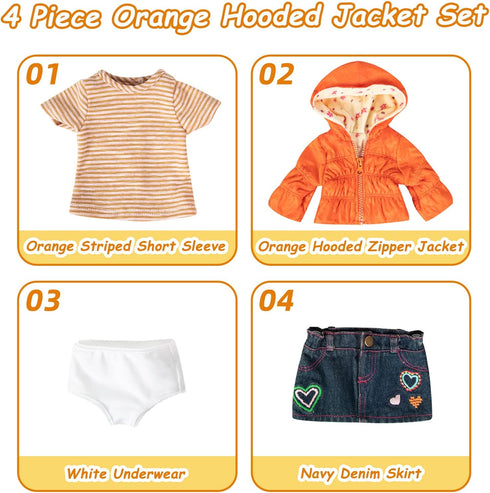 Doll Clothes Set Fashion 4 Pieces includes Warm Hooded Coat, T-Shirt, Jeans Skirt & Underpants, Handmade Party Dress Casual Wear Fits 18 Inch Amer...