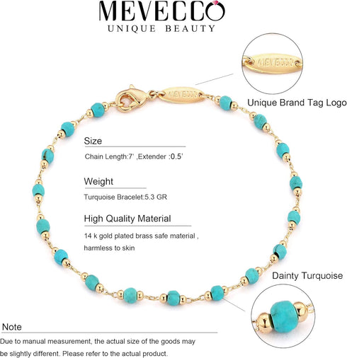MEVECCO Gold Round Turquoise Beaded Bracelets,14K Gold Plated Handmade Cute Dainty Bracelet for Women...