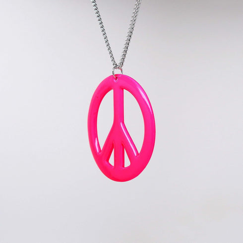 Hot Pink Hippie Peace Sign Pendant Necklace Enamel on Pewter Cosplay Jewelry...