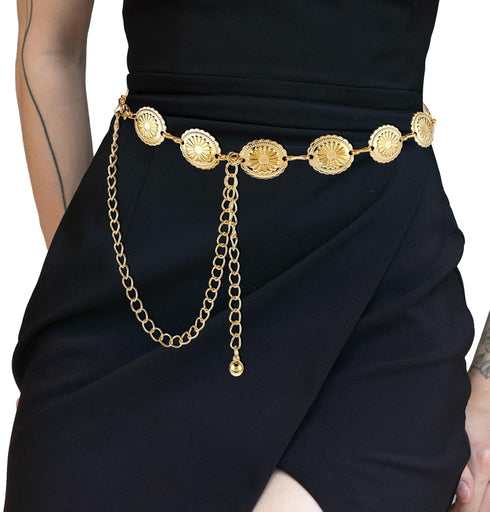 Western Metal Concho Belt, Hollow Out Daisy Chain Belt Adjustable Boho Waist Chain Country Concert Outfit for Dress...