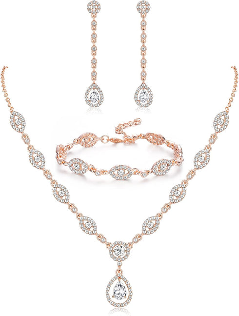 YADOCA Wedding Bridal Jewelry Set For Women Silver Prom Costume Jewelry Sets Rhinestone Crystal Teardrop Necklace Earrings Bracelet Bridesmaid Jew...