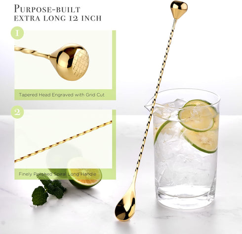 Homestia Bar Spoon Cocktail Mixing Stirrers for Drink, 12 Inches 304 Stainless Steel Spiral Long Handle, Bottom Weighted Solid Muddler Function, G...
