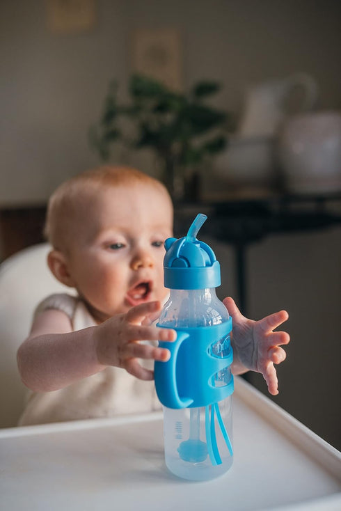 Dr. Brown's Milestones Narrow Sippy Straw Bottle, Spill-Proof with 100% Silicone Handles and Weighted Straw, 8 oz/250 mL, Blue, 6m+...