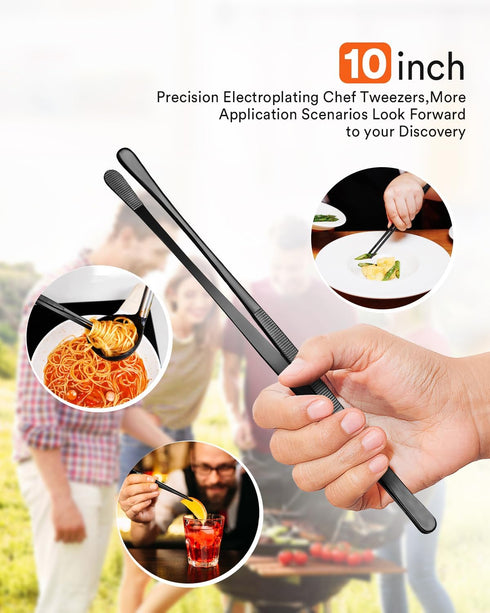Kitchen Tweezers, Round Tip Tweezer Tongs For Cooking, Black Stainless Steel Food Tweezers, Multi-function Precision Serrated Tips Cooking Tongs K...