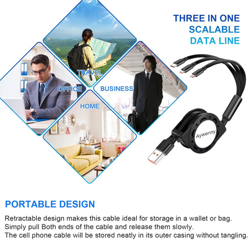 [2024 Upgraded 2 Pack Multi Retractable Charging Cable, 3 in 1 USB Charging Cable with USB C/Micro USB/Phone Port, 3.3FT Charging Cable for Phone ...