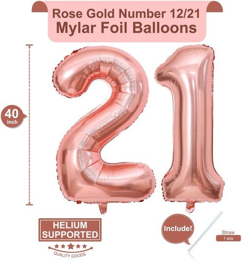 40 Inch Rose Gold 21 Number Balloons Giant Jumbo Huge 12 or 21 Foil Mylar Helium Number Digital Balloons Rose Gold Birthday Mylar Digital Balloons...