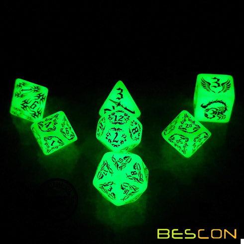 BESCON DARK ELVES Glowing Dice Set (7 piece), Oversized GLOW in DARK Carved Role Playing Games RPG Dice Set...