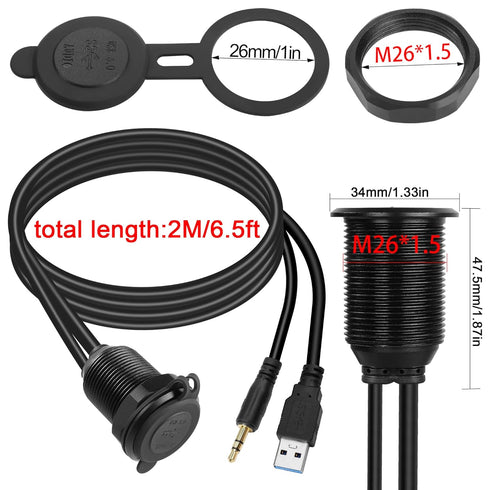 QIANRENON USB3.0 & 3.5mm Audio Threaded Fixed Embedded Car Waterproof Cable 5Gbps TRS 3.5mm & USB3.0 Dashboard Panel Mount Extension Cable, LED Li...
