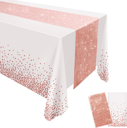 FGSAEOR Rose Gold Tablecloth, 12x108inch Sequins Table Runners and 54x108inch Plastic Table Cloths for Christmas Party Decorations, Sparkling Part...