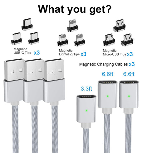 Magnetic Charging Cable 3A Fast Charging(3 Pack,3.3/6.6/6.6ft) 3 in 1 Magnetic Phone Charger with LED Light, Nylon Braided, for Lightning/USB-C/Mi...