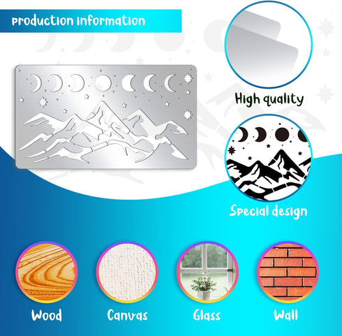 BENECREAT Moon Phase Mountain Stainless Steel Stencils, 7x4 inch Sun Reusable Painting Template for Painting, Wood Burning, Journaling...