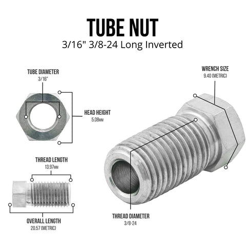 4LIFETIMELINES Stainless Steel Brake Line Tube Nut, Long, 3/16 (3/8-24 Inverted), Bag of 10...