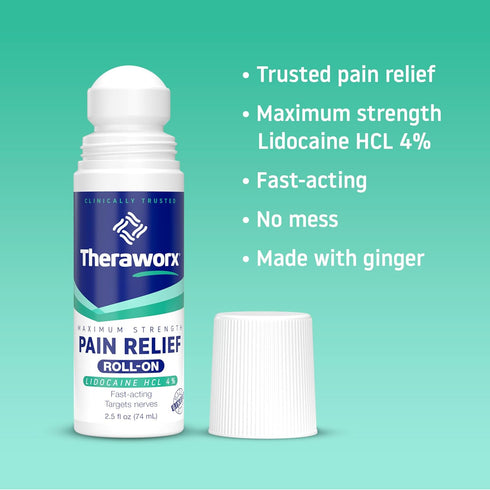 Theraworx Maximum Strength Pain Relief Roll-On with Lidocaine, Fast-Acting - 2.5 Oz - 1 Count...