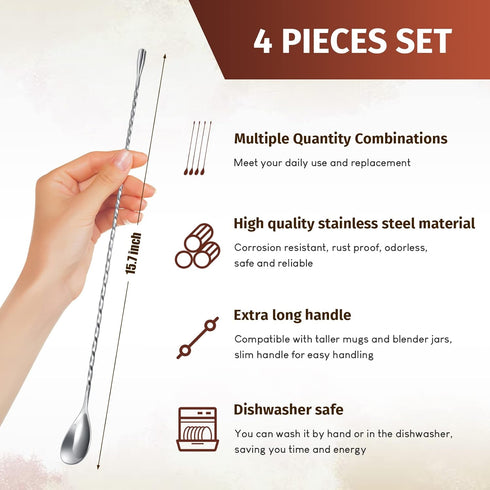 4 Pcs 15.7 Inches Bar Spoon Stainless Steel Cocktail Stirrer Mixing Spoon Spiral Pattern Bar Spoon for Cocktail Shaker Tall Cups...