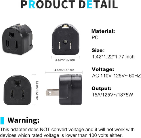 2 Prong to 3 Prong Adapter, Multi Plug Outlet Extender Splitter, 2 Prong Outlet Adapter for USA Wall Plugs for Household Appliances Industrial, Tr...
