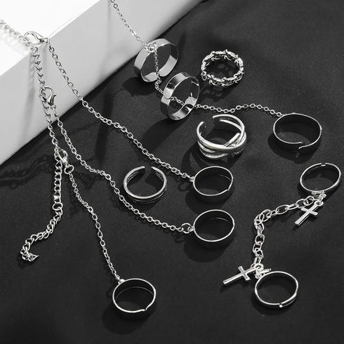 IFKM Vintage Silver Chain Finger Rings Bracelet, Gothic Punk Emo Cross Cool Simple Rings, Adjustable Statement Stackable Rings For Boy Wen Women...