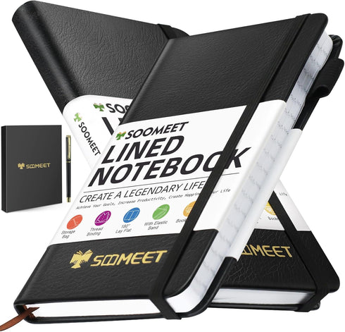 Lined Pocket Notebook Small Notebook with 1 Pen, 2 Pack, Total 400 Pages, Hardcover Leather Journal Notebook for Women Men, Thick Paper with Inner...