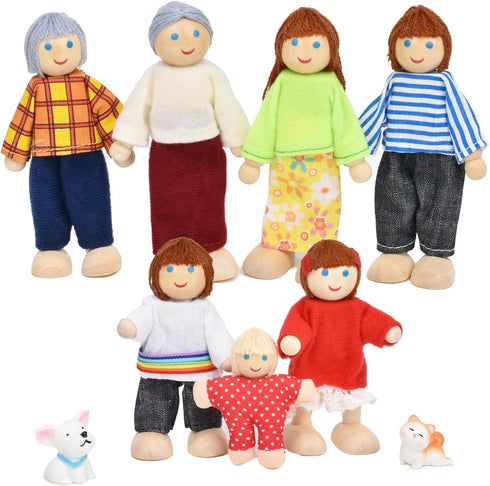 Wooden Doll House People of 7 Miniature Figures and 2 Pets, Dollhouse Dolls Family Set Accessories for Girls Toddler Kids Pretend Play and Imagina...