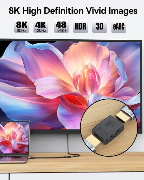 8K HDMI Coupler 2 Pack, HDMI 2.1 Female to Female Adapter HDMI Extender Connector Support 8K@60Hz 4K@120Hz 48Gbps HDR eARC for HDTV, Roku Stick, M...