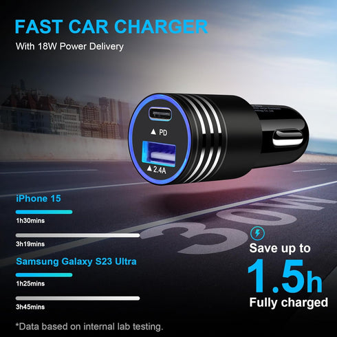 USB C Car Charger, 30W Fast Car Phone Charger Adapter 3FT USB C to USB C Cable for iPhone 15/15 Pro/15 Pro Max/15 Plus, Samsung S24 S23, Google Pi...