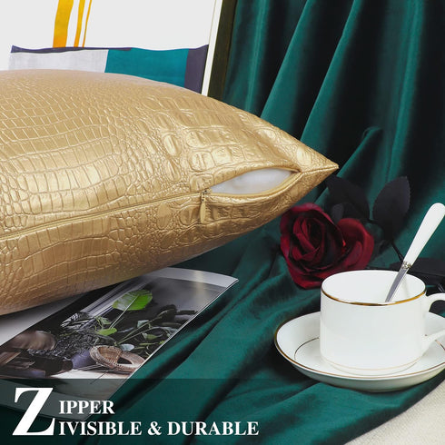 BRAWARM Faux Leather Pillow Covers 12 X 20 Inches, Gold Leather Pillow Covers Pack of 2, Crocodile Leather Decorative Lumbar Throw Pillows for Liv...