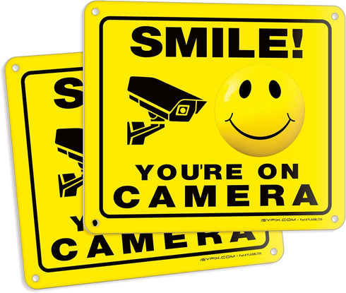 iSYFIX Smile You're on Camera Signs for Business – 2 Pack 7x6 Inch – 40 mil Thick Polystyrene Plastic Sign, Laminated UV, Scratch, & Fade Resistan...