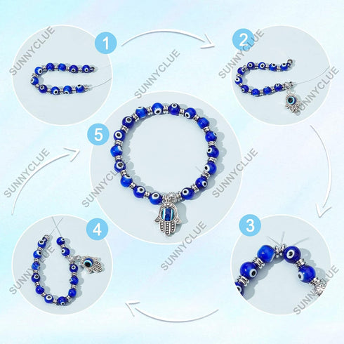 SUNNYCLUE 1 Box 240Pcs 6 String Evil Eye Bracelets Making Kit 8mm/10mm Evil Eye Beads Bulk Lampwork Glass Beads Blue Hamsa Hand Charms for Jewelry...