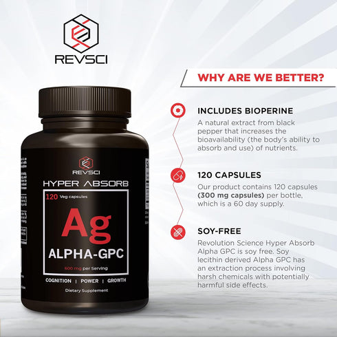 Alpha GPC Supplement + BioPerine for Hyper Absorption - 120 Count, 600mg Serving - Nootropics for Memory, Focus, Energy, Motivation - Choline Supp...