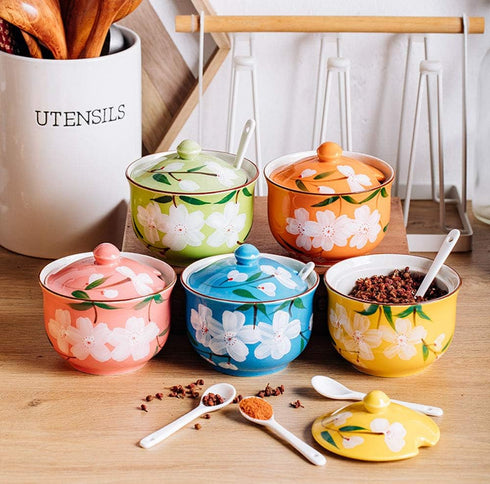 FUYU Hand-painted Flower Ceramic Condiment Pot Seasoning Jar Sugar Bowl with Lid and Spoon...
