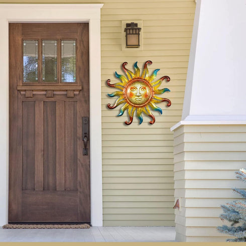 Metal Sun Wall Decor Outdoor Sunface Yard Art Porch Door Patio Garden Home Indoor Sculpture Decorations, 12 inch -B...