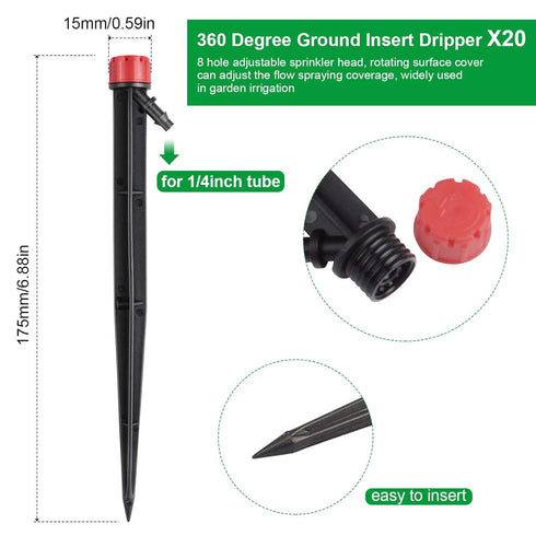 Kalolary 20PCS Drip Emitters for Irrigation, 1/4 Inch Drip Irrigation Emitters Parts 360 Degree Adjustable Water Flow Sprayer with Stake for 4/7mm...