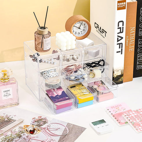 Desk Storage Organizer with 9 Mini Drawers, FODIENS Clear Desktop Craft Drawer Cabinet, Stackable Storage Box Caddy for Makeup Jewelry Office Craf...