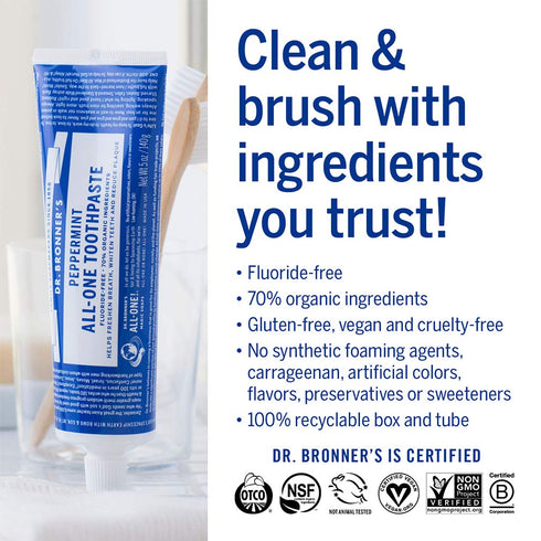 Dr. Bronner’s - All-One Toothpaste (Peppermint, 5 Ounce) - 70% Organic Ingredients, Natural and Effective, Fluoride-Free, SLS-Free, Helps Freshen ...