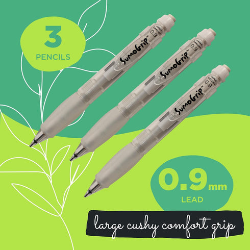 SAKURA SumoGrip Pencil with Comfort Grip - 0.9 mm Ergonomic Mechanical Pencil - Clear - 3 Pack...