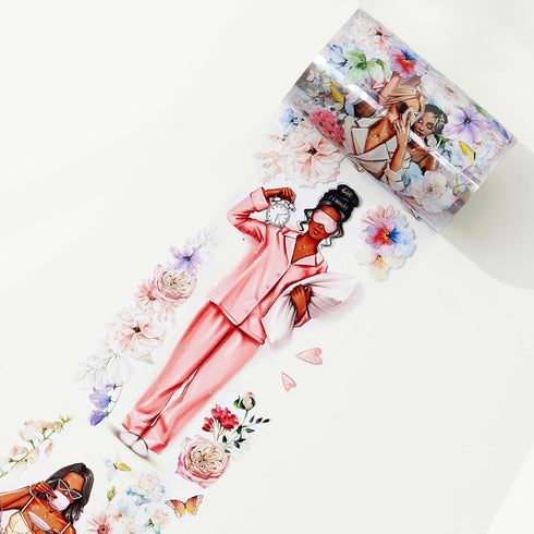 WT Bloom & Vogue Wide PET Tape, Single Roll, Original Designs, Flower Girls Decorative, Characters Figures, Transparent Clear Adhesive, Journal Sc...