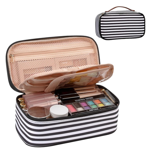 OCHEAL Small Cosmetic Bag,Portable Cute Travel Makeup Bag for Women and girls Makeup Brush Organizer cosmetics Pouch Bags-Black/White Stripes...