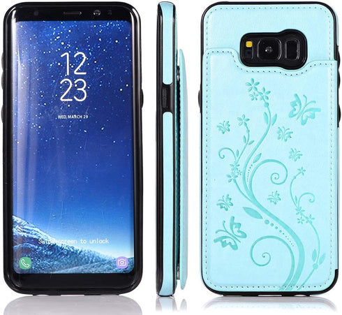 Phone Case for Samsung Galaxy S8 with Tempered Glass Screen Protector Card Holder Wallet Cover Stand Flip Leather Slim Soft Cell Accessories Glaxa...