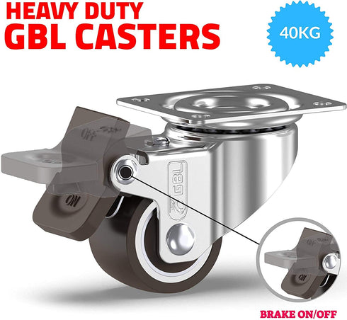 GBL 1" inch Small Caster Wheels with 4 Brakes + Screws - 90Lbs - Low Profile Castor Wheels with Brakes - Set of 4 No Floor Marks Silent Casters - ...