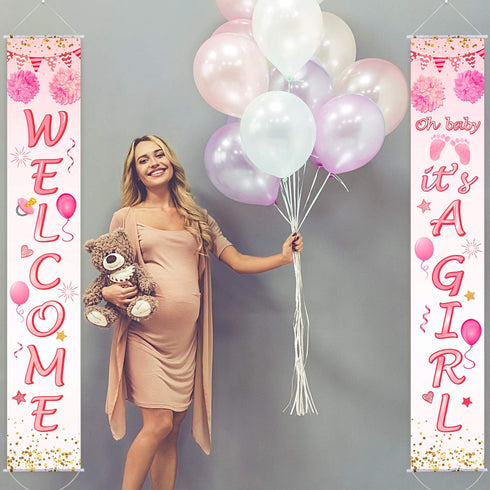 Blulu Baby Shower Decorations 71 x 12 Inch Welcome It Is a Girl Banner Backdrop Background Door Hanging Porch Sign for Baby Shower Gender Reveal P...
