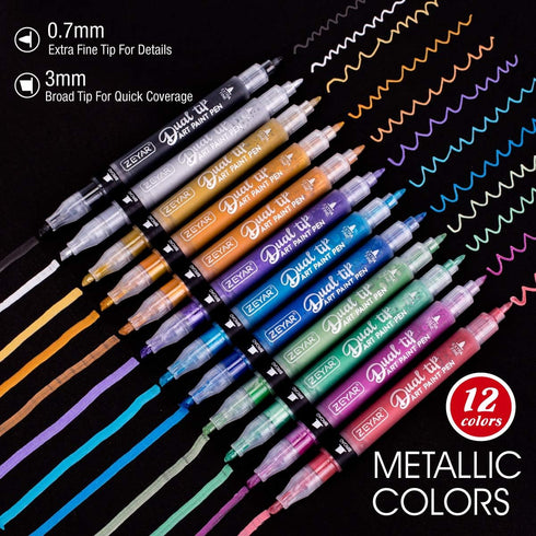 ZEYAR Dual Tip Acrylic Paint Pens 12 Metallic Colors, Board and Extra Fine Tips, Patented product, Water Based Acrylic & Waterproof Ink (12 Metall...