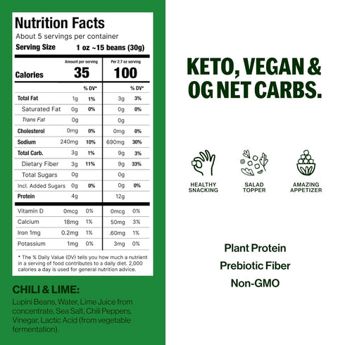 BRAMI Lupini Beans Snack, Chili & Lime, 7g Plant Based Protein, 0g Net Carbs, Vegan, Vegetarian, Keto, Mediterranean Diet, Non Perishable, 5.3 oz...
